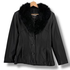 Y2K Wilsons Maxima Black Leather Jacket Faux Fur Collar Womens Size M